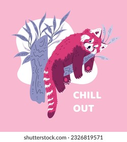 Cute and furry red panda hanging on tree branch or pole, chill out poster or card - flat vector illustration. Cheerful wild animal drawing. Funny lesser panda, great for kids and nursery designs.