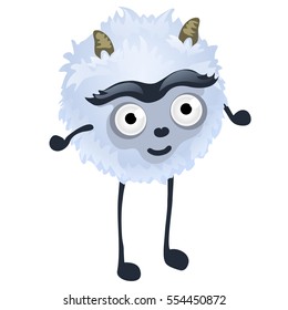 Cute furry white smiling monster. Fantastic beast isolated on white background. Vector illustration close-up.
