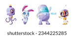 Cute futuristic ai robot character cartoon illustration set. Vector artificial intelligent isolated mascot group and friendly companion in yellow and purple. Smart chatbot mechanism waving concept