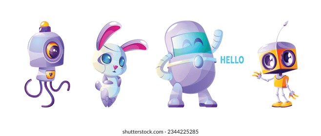 Cute futuristic ai robot character cartoon illustration set. Vector artificial intelligent isolated mascot group and friendly companion in yellow and purple. Smart chatbot mechanism waving concept