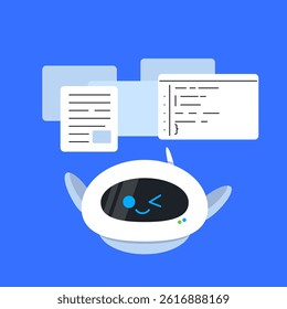 Cute futuristic robot character surrounded by floating interface windows with text, representing artificial intelligence, coding, and digital data management.  concepts for automation, software develo