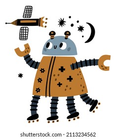 Cute futuristische Roboter, die mit einem Raumschiff laufen