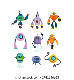 Cute futuristic robots flat icon set. Cartoon cyborg and guardian characters isolated vector illustration collection. Games and modern robotic technology concept