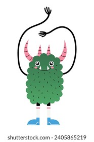 Cute fuzzy and green monster creature with long arms and horns. Childish monster character. Hand drawn isolated vector illustration