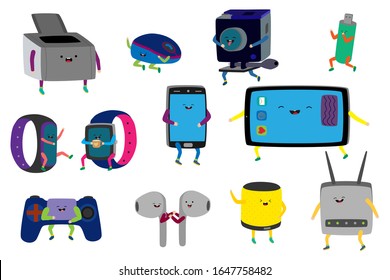 Cute Gadgets Cartoon Characters, Funny Electronic Device, Isolated Set Vector Illustration. Smartphone, Headphones, Fitness Tracker, Flash Drive And Router With Smiling Face. Modern Gadget Cute Mascot