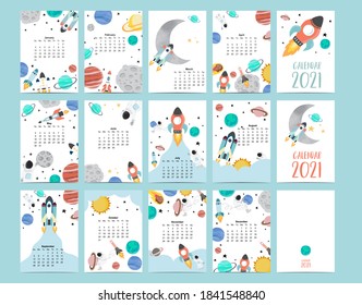 Cute galaxy calendar 2021 with astronaut, moon, rocket, planet for children, kid, baby.Can be used for printable graphic.Editable element