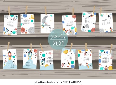 Cute galaxy calendar 2021 with astronaut, moon, rocket, planet for children, kid, baby.Can be used for printable graphic.Editable element