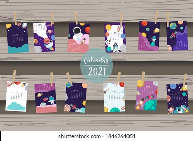 Cute galaxy calendar 2021 with astronaut, moon, rocket, planet for children, kid, baby.Can be used for printable graphic.Editable element