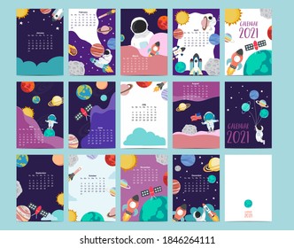 Cute galaxy calendar 2021 with astronaut, moon, rocket, planet for children, kid, baby.Can be used for printable graphic.Editable element