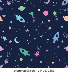 Nettes Galaxie-Muster für Kinder, Universum oder Raum nahtlose Wiederholungsmuster, flache Retro-Stil Sternenillustrationen und Raketen, Vektor-Tapete