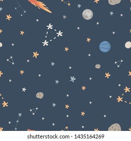 Cute galaxy seamless space pattern: Comet and stars