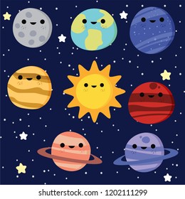 Cute galaxy, space, solar system elements vector illustration for kids