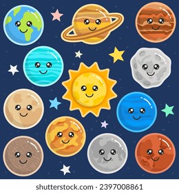 Cute galaxy, space, solar system elements. Kawaii moon, sun and planets vector illustration for kids. Isolated on star background. 