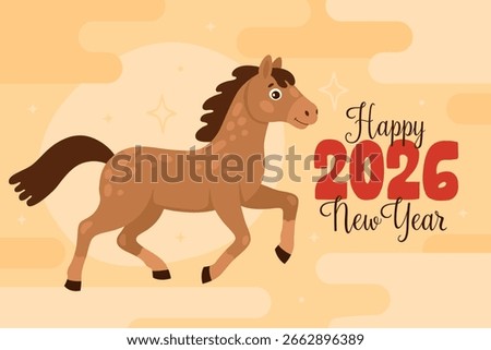 Cute galloping brown horse on yellow background. Happy 2026 New Year of the Horse, Lunar New Year or Chinese New Year. Greeting card or banner.