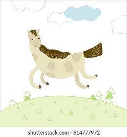 Cute galloping horse in a meadow with clouds. Vector illustration in cartoon style for print design of children's banners, postcards, posters, booklets.