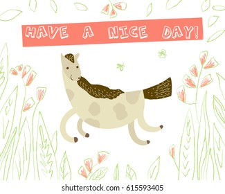 Cute galloping horse on white background with floral elements. Vector greeting card in cartoon style for print design of children's banners, postcards, posters, booklets.