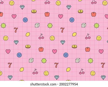 Cute gambling icons arranged on pink grid ears. Simple pattern design template.