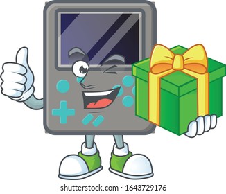 Cute game console character holding a gift box