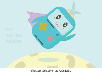cute game console robot character flying to the moon