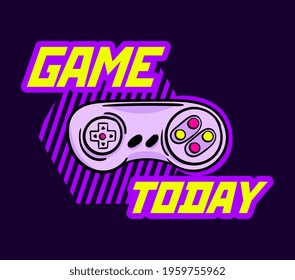 Cute game logo patch with game today lettering and gamepad. Concept of trendy gamer stickers for children and adults. Flat cartoon vector illustration