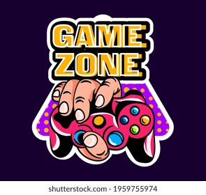 Cute game logo patch with game zone lettering and hand holding gamepad. Concept of trendy gamer stickers for children and adults. Flat cartoon vector illustration