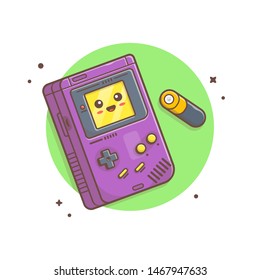 Cute GameBoy Console with Battery Vector Illustration. Gaming Mascot Logo. Classic Old Game. Retro. Nintendo. Flat Cartoon Style Suitable for Web Landing Page, Banner, Flyer, Sticker, Card, Background