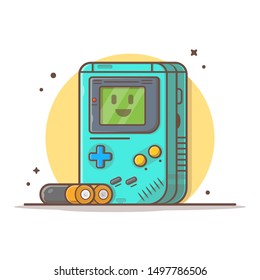 Cute GameBoy Console with Battery Vector Icon Illustration. Gaming Mascot Logo Concept White Isolated. Flat Cartoon Style Suitable for Web Landing Page, Banner, Flyer, Sticker, Card, Background