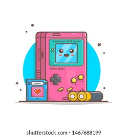 Cute GameBoy Console with Memory and Battery Vector Illustration. Gaming Mascot Logo. Classic Old. Nintendo. Flat Cartoon Style Suitable for Web Landing Page, Banner, Flyer, Sticker, Card, Background