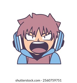 Cute Gamer Boy Cartoon Character Wearing Headset with Angry Screaming Expression