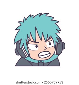 Cute Gamer Boy Cartoon Character Wearing Headset with Annoyed Angry Expression