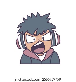 Cute Gamer Boy Cartoon Character Wearing Headset with Angry Screaming Expression