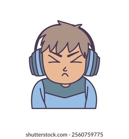 Cute Gamer Boy Cartoon Character Wearing Headset with Annoyed Angry Expression