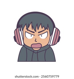 Cute Gamer Boy Cartoon Character Wearing Headset with Annoyed Angry Expression