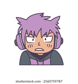 Cute Gamer Boy Cartoon Character Wearing Headset with Annoyed Angry Expression