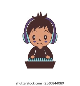 Cute Gamer Boy Kid Character Wearing Headset Playing Game with Laptop with Sad Expression