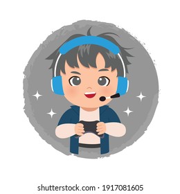 Cute Gamer Boy Logo Wearing Headset Holding A Joystick To Play Online Games. Flat Vector Cartoon Kawaii Style.