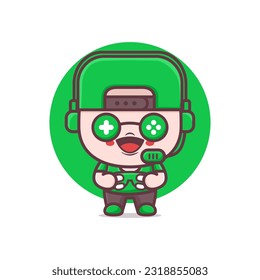 cute gamer cartoon character vector illustration, mascot, icon, sticker.