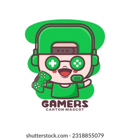 cute gamer cartoon with game stick. vector illustration, mascot, icon, sticker.