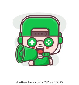 cute gamer cartoon with megaphone. vector illustration, mascot, icon, sticker.