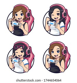 Cute gamer character mascot logo, Gamer girl esport logo set