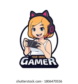 Cute gamer character mascot logo, Gamer girl cartoon esport logo template