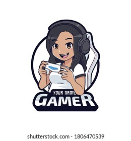 Cute gamer character mascot logo, Dark skin gamer girl cartoon esport logo template