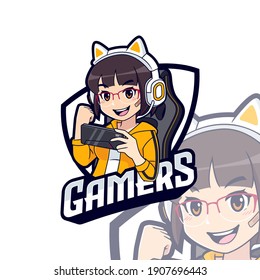 Cute gamer character mascot logo, Streamer girl esport logo template