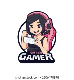 Cute Gamer With Excited Face, Gamer Girl Cartoon Esport Logo Template