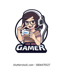 Cute gamer geek character mascot logo, Gamer girl cartoon esport logo template