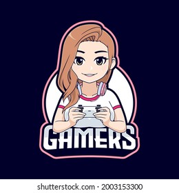 Cute Gamer Girl Cartoon Character Mascot Logo