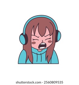 Cute Gamer Girl Cartoon Character Wearing Headset with Angry Screaming Expression