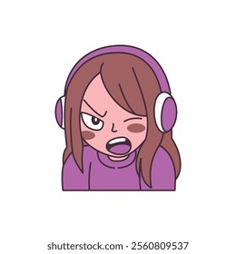 Cute Gamer Girl Cartoon Character Wearing Headset with Angry Screaming Expression