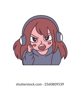 Cute Gamer Girl Cartoon Character Wearing Headset with Angry Screaming Expression