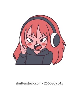 Cute Gamer Girl Cartoon Character Wearing Headset with Angry Screaming Expression